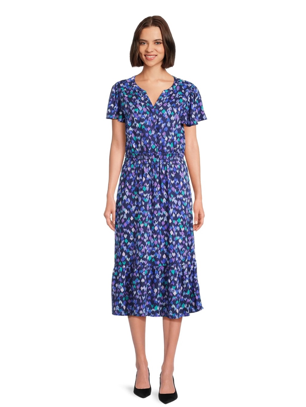 beachlunchlounge NWT Blue Purple Teal Floral Flutter-Sleeve Midi Dress Medium